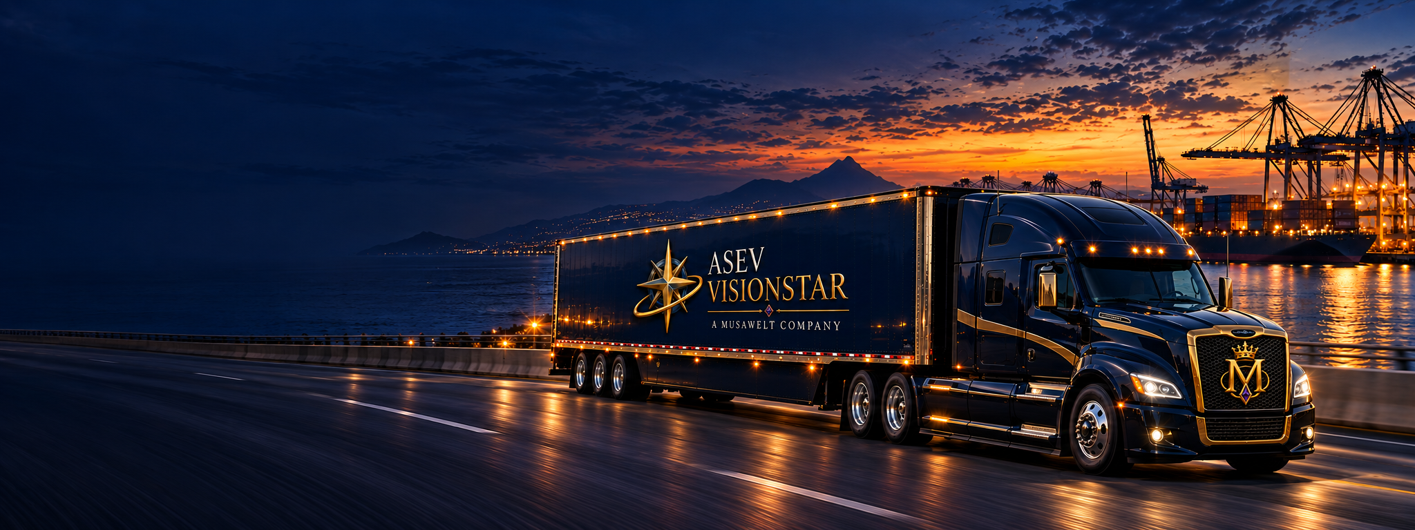 ASEV VISIONSTAR truck with the crowned MusaWelt M on its grille and ASEV VISIONSTAR on its trailer